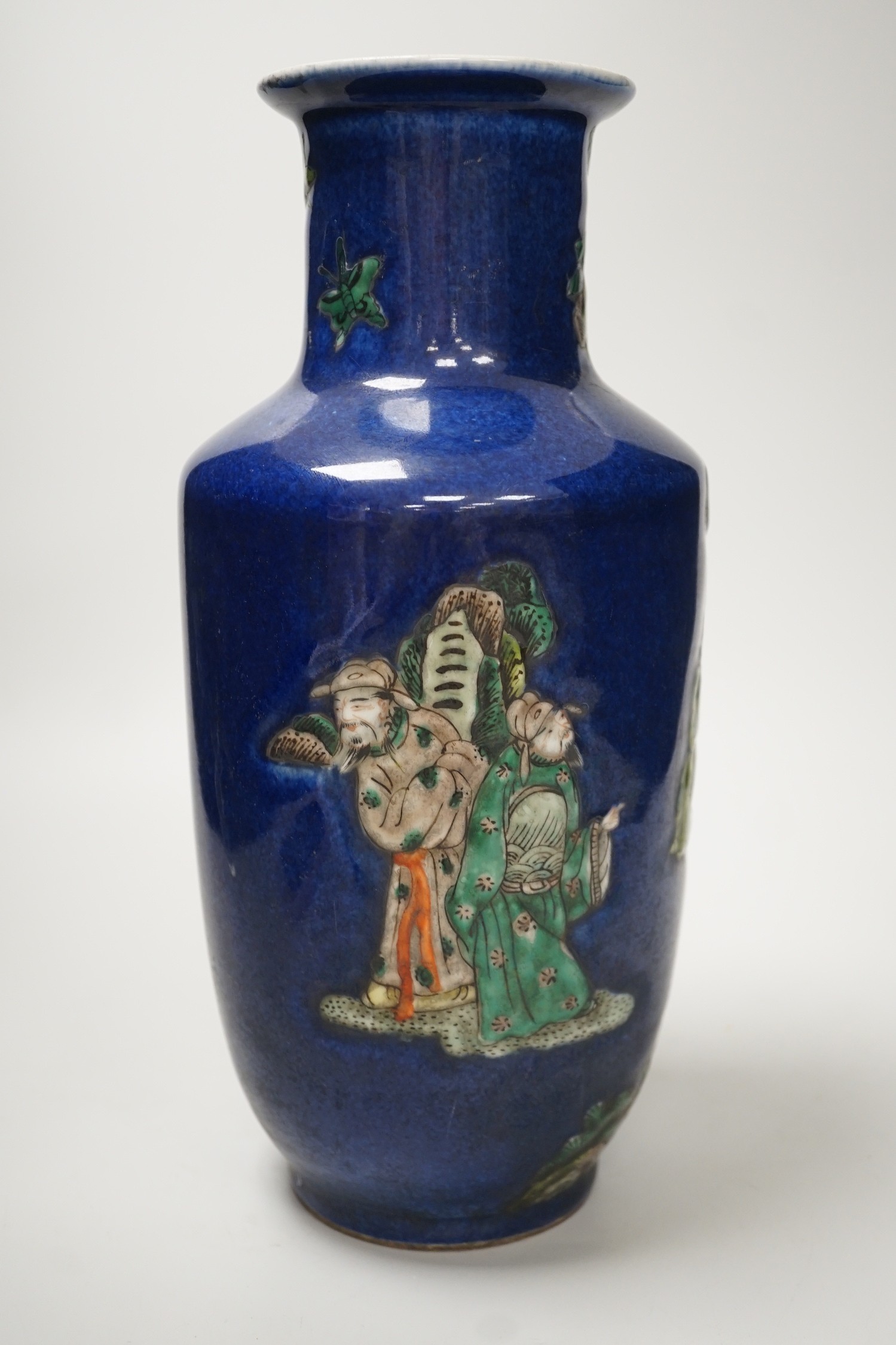 A Chinese powder blue glaze famille verte vase, 31cm